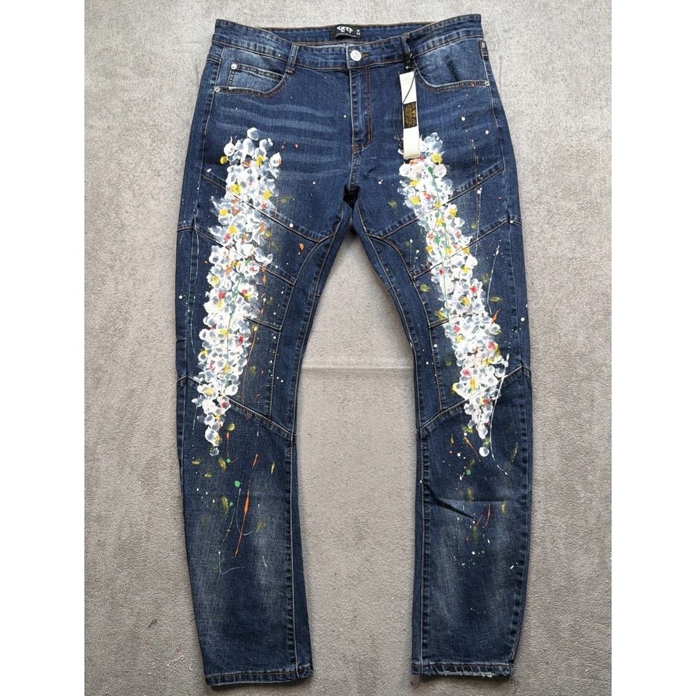 Men's Paint Splatter Jeans Straight Leg Artistic Streetwear Denim Size 38‎